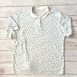 Women’s L/G White Short Sleeve Polo Shirt Small Floral Blue Flowers Size Large